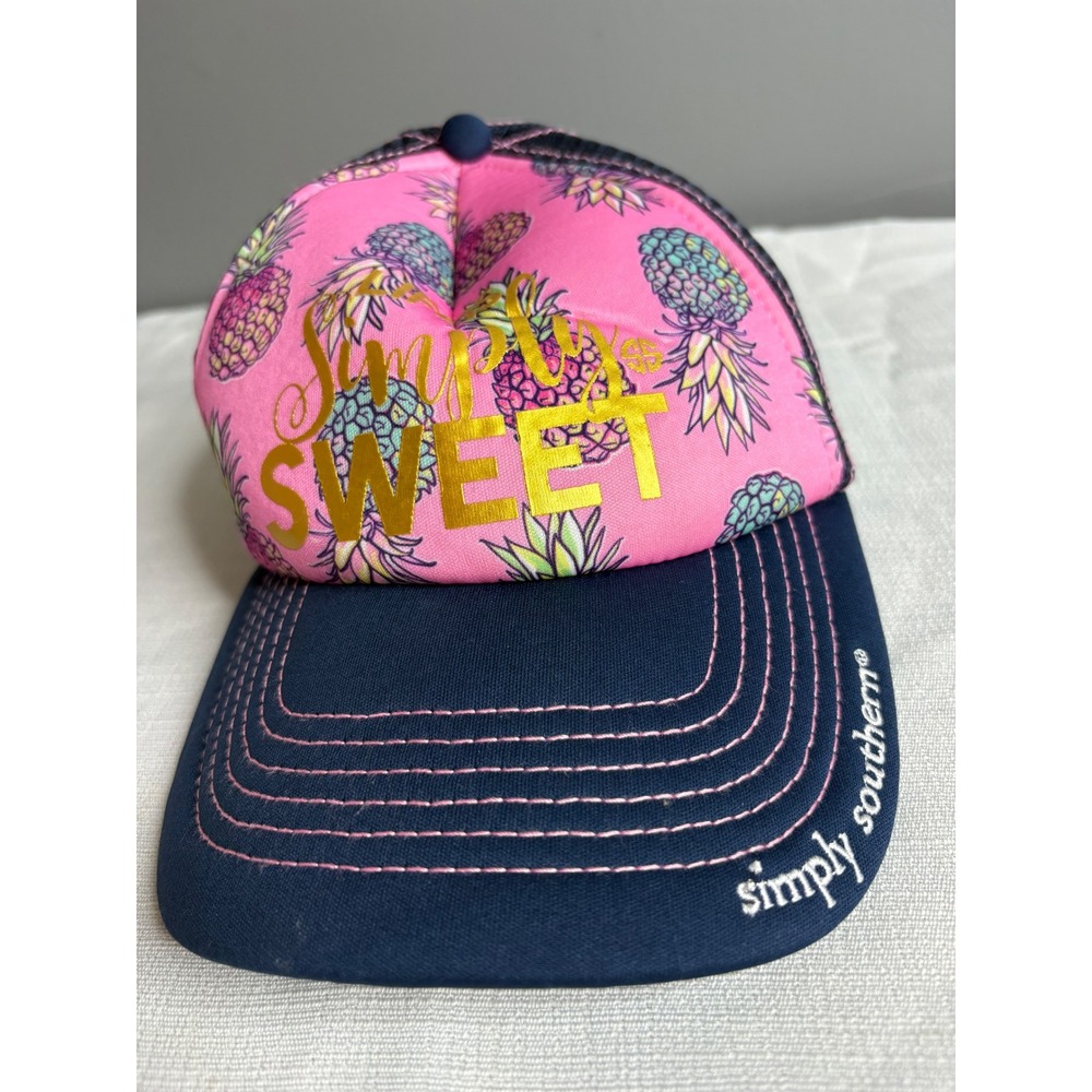 Simply Southern Simply Sweet Pineapple Trucker Hat Pink Navy Blue Gold Foil Cap